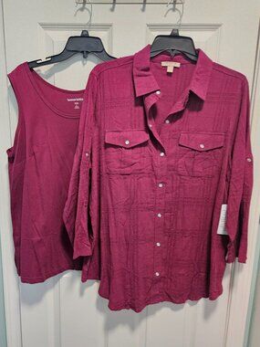 NWT Woman Within 2-Piece Top Set Size 18/20 Berry Button Front Shirt & Tank